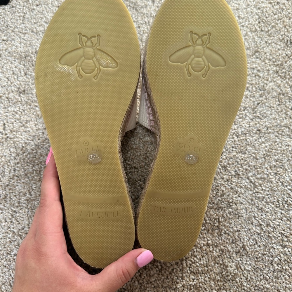 Authentic Gucci Pilar Interlocking G Embroidered Canvas Espadrille Slide Sandal
